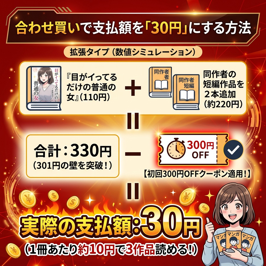 301円の壁を越える合わせ買いシミュレーションを図解。110円の作品に同作者の短編2本を追加し、300円OFFクーポン適用で支払額30円になる計算式
